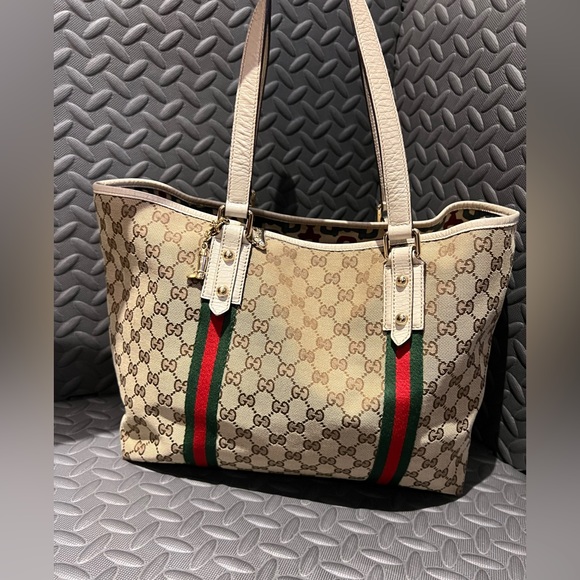 Auth GUCCI Sherry Tote Bag Beige Ivory GG Canvas Leather - Picture 1 of 16